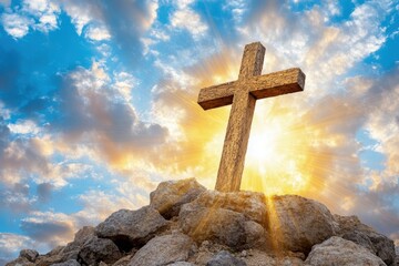 A wooden cross on rocks illuminated by a bright sun against a dramatic sky, symbolizing faith and spirituality.
