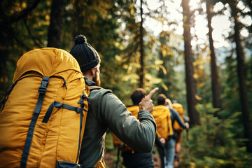 Fototapeta premium Excited group hiking through a forest, A group of hikers wearing yellow backpacks explores a forest trail, enjoying nature and adventure in the wilderness.