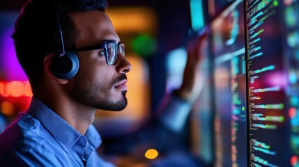 A tech-savvy analyst focuses on vibrant code and data across multiple screens in a dim office, highlighting the importance of data analysis in today's digital world