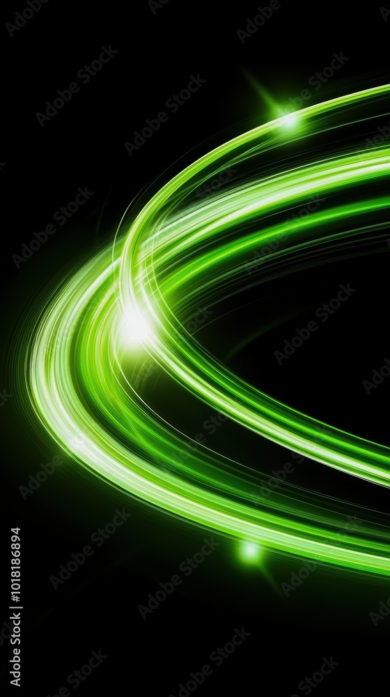 Poster abstract green light trails on a black background, creating a dynamic visual effect.