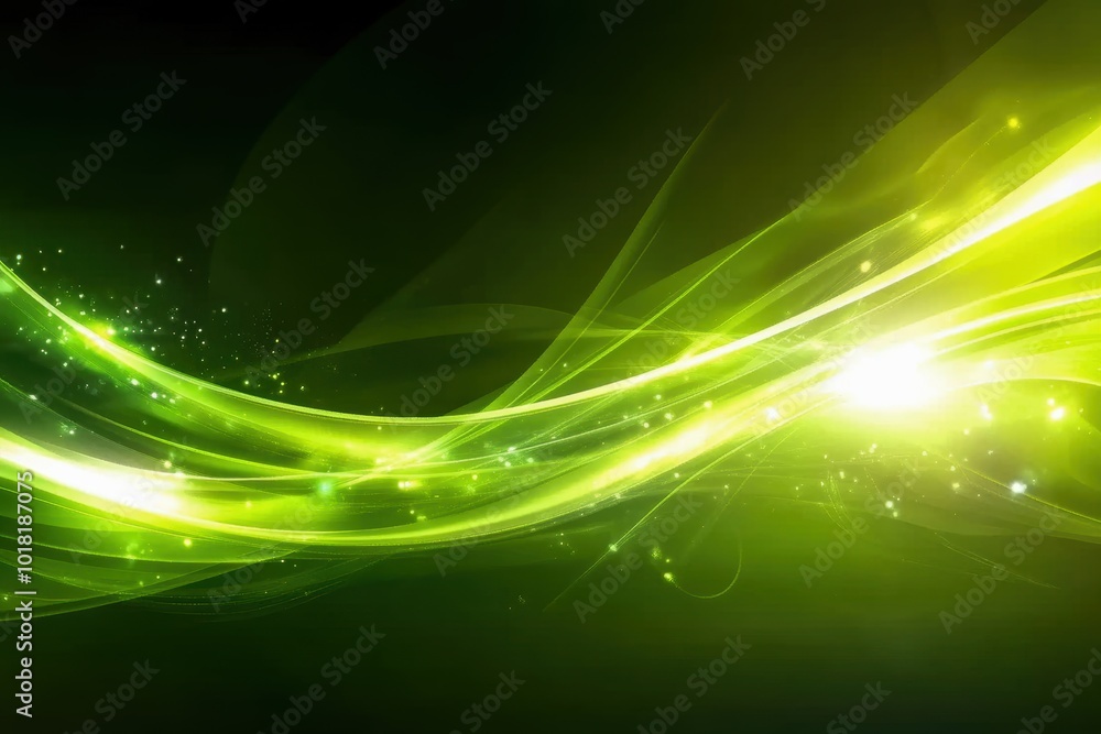 Poster abstract green light waves with sparkles on a dark background, creating a mystical and vibrant atmos