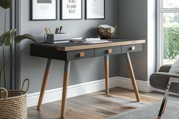 Scandinavian style desk with a black top and light wood legs, featuring two drawers, set in a modern office with gray walls and wooden flooring.
