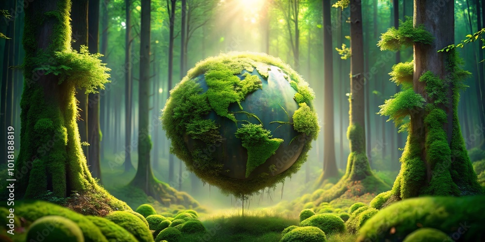 Poster A Verdant Globe Suspended in a Sun-Dappled Forest, Lush Moss Drapes Ancient Trees, Sunlight Filtering Through the Canopy