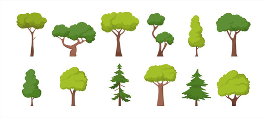 Cartoon tree. Simple flat forest flora, coniferous and deciduous meadow trees, oak pine Christmas tree isolated plants. Vector set illustration agricultural garden and nature park plant. 10 eps.