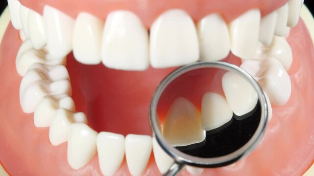 Patient at a Dentist Appointment in a Dental Clinic. View to Inside the Dental Jaw. Tooth Model and Treatment Equipment Dental Mirror on Background. Dental Care and Examined Healthy Teeth
