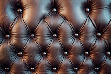 Fototapeta premium Close-up of a tufted leather surface with a rich, glossy finish, highlighted by the light on the dark texture.
