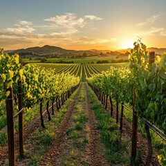 A sprawling vineyard with rows of grapevines stretching toward the horizon, with a soft sunset casting golden light over the scene