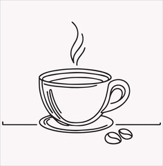 Coffee cup line drawing continuous, tea icon, cafe sketch, drink, single art outline, mug logo, food. Line drawing of a cup in vector form.