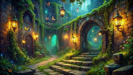 Naklejka premium Stone Pathways Enchanting a Mystical Stone Village, Lit by Lanterns and Glowing with an Eerie Light