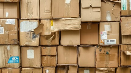 A structured stack of used cardboard boxes arranged for recycling, with packaging labels and creased surfaces