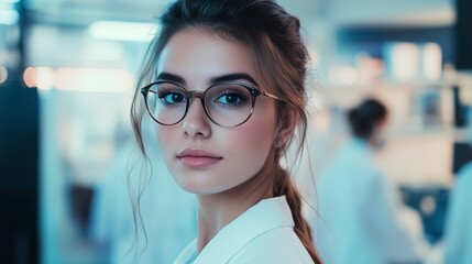 Fototapeta premium Close-up portrait of a young female scientist in a laboratory environment wearing glasses and a lab coat
