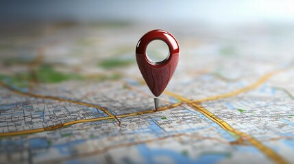 Red map pin placed on a city map indicating location and navigation for geographical search and route planning