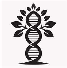 tree trunk with leaves on top in the shape of a DNA spiral, black silhouette vector illustration