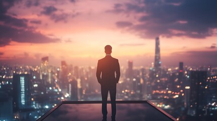 A businessman stands on a balcony, overlooking the city skyline at night
