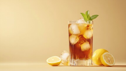 A stylish Long Island iced tea cocktail with ice, lemon, and mint, beautifully set against a beige background.