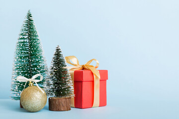 Christmas composition. craft Gift box, small tree, branches and craft DIY decorations on white background. New year concept. Christmas home decoration Flat lay, top view, copy space