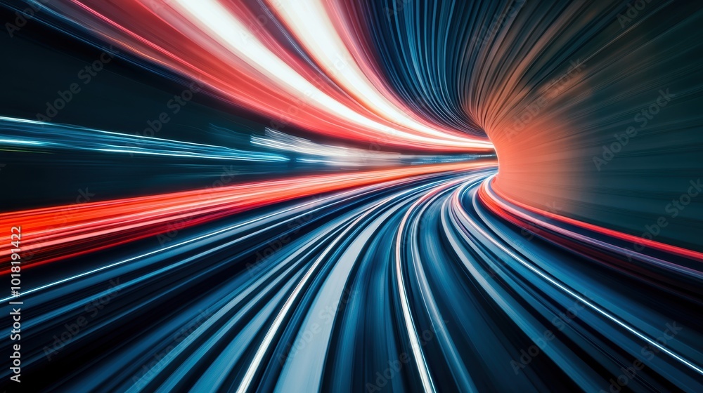 Poster dynamic light trails in a vibrant tunnel, illustrating speed and movement on a dark background.