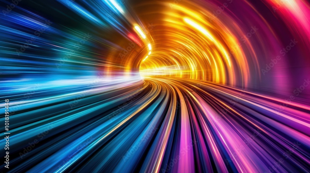 Poster dynamic tunnel of colorful light, representing speed and innovation with vibrant hues.