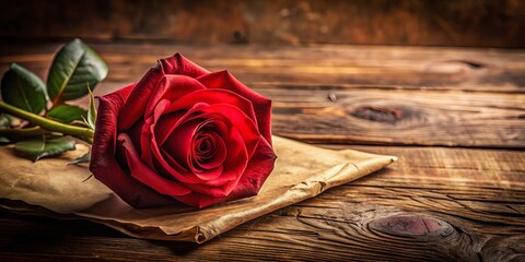 A Single Red Rose Resting on Aged Paper, a Symbol of Timeless Romance and Enduring Love