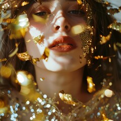 Surrounded by ethereal golden sparkles, a woman's contemplative gaze reveals beauty and mystery, evoking a sense of dreamlike fantasy.
