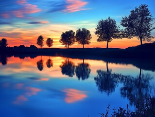 Obraz premium A calm lake at sunset reflecting the vibrant hues of the sky and the silhouettes of trees on the shore
