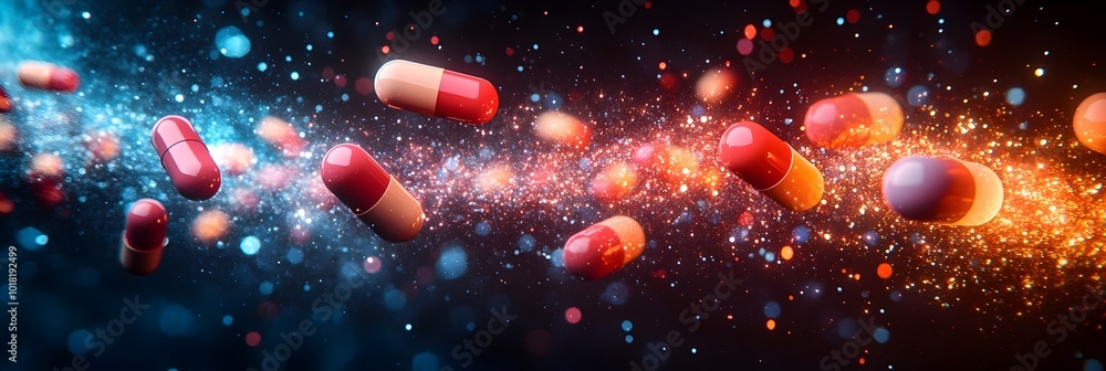 Aufkleber vibrant explosion of futuristic medical capsules and supplements in motion. colorful and dynamic gra