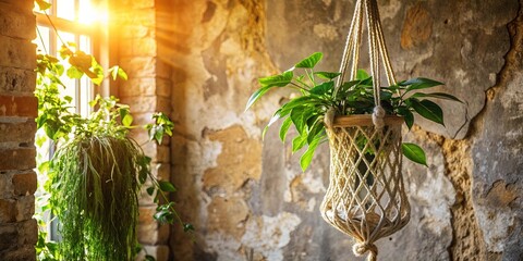 Sunlight illuminates a vibrant green plant suspended in a macrame planter against a backdrop of weathered stone walls.