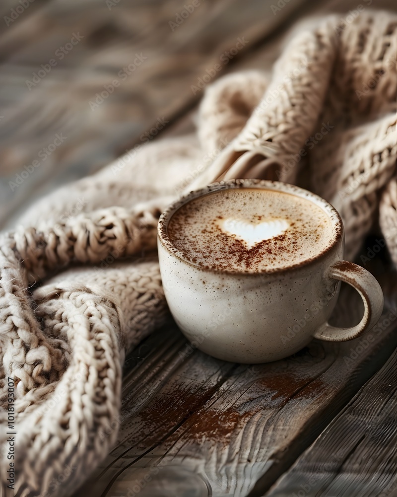 Sticker Cozy Coffee Moment with Frothy Heart Shaped Milk Art on Rustic Wooden Table