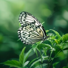 Obraz premium Beautiful Butterfly on Blurred Background, Rice Paper Butterfly Banner with Copy Space, Meadow Butterfly