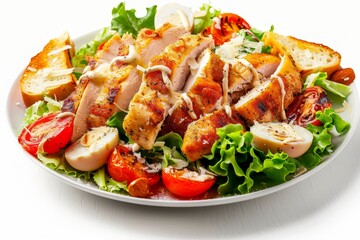 Caesar Salad, Green Lettuce Salat with Chicken and Parmesan Cheese, Caesar Salad, Copy Space