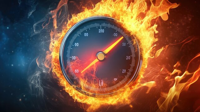 A temperature gauge on fire, with flames rising around it, representing overheating or danger.