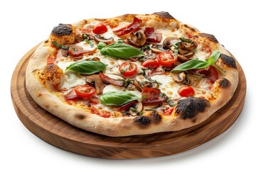 Canadian Pizza or Regina with Bacon, Tomatoes, Boletus Mushrooms, Fresh Basil, Tomato Sauce