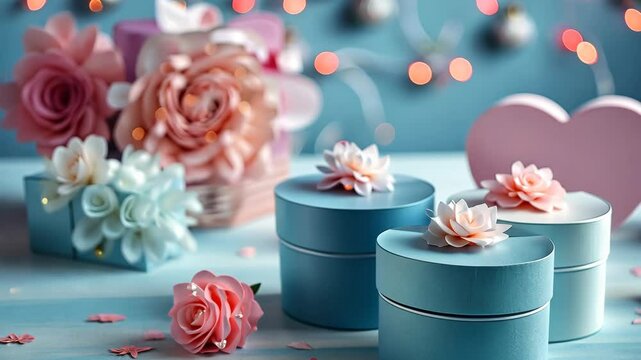 Blue gift boxes adorned with delicate pink flowers sit on a light blue surface with blurred pink flowers in the background
