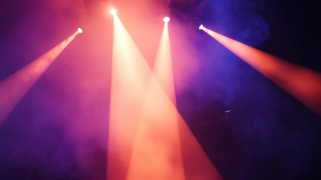 Red and purple stage lights illuminate a smoky concert venue