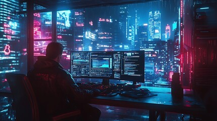 Naklejka premium Bitcoin symbol illuminated within vibrant cyberpunk inspired workspace environment