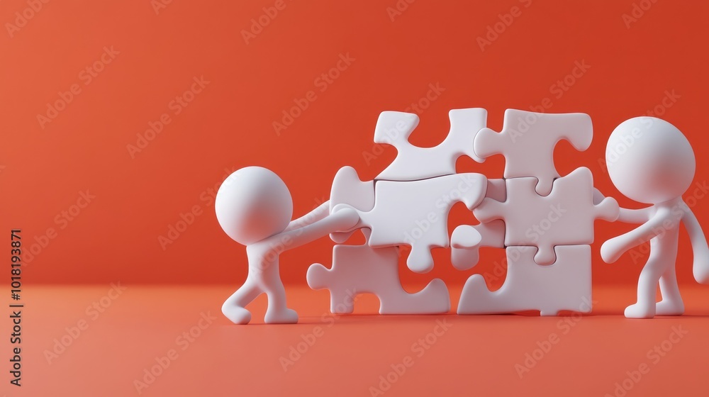 Poster a group of 3d characters trying to assemble a puzzle, but forcing the wrong pieces together, symboli