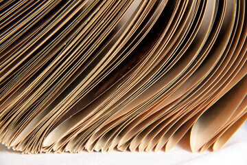 Obraz premium Fragment of an open old book with pages bruised towards the left side and each one folded inwards