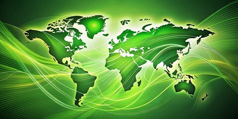 A World Map Silhouetted Against a Green Background of Abstract, Flowing Lines, Representing the Interconnectedness of Global Communication and Data Flow