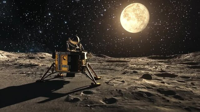 A lunar lander sits on the surface of the Moon, illuminated by the full moon and the stars in the night sky