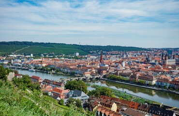 Scenic view of a European town Wurzburg by river Main, Germany