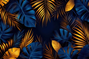 Vibrant tropical leaves in shades of blue and gold, creating a dynamic and luxurious feel, perfect for backgrounds.