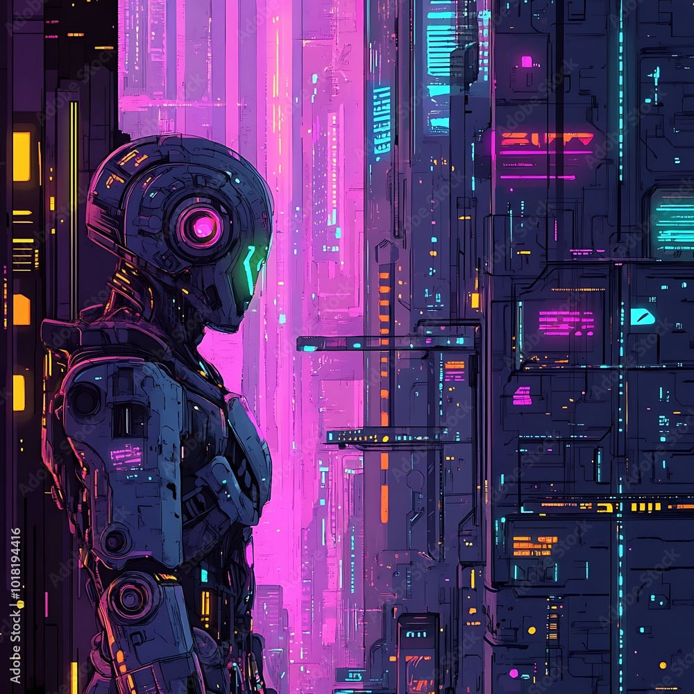 Poster bold hacker exploring immersive neon-lit cyberpunk universe