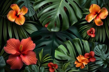 Lush green tropical leaves surround striking hibiscus flowers, creating a vibrant display in a warm tropical rainforest setting. Generative AI
