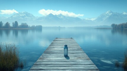 Naklejka premium A serene lake view with a water bottle on a wooden dock.