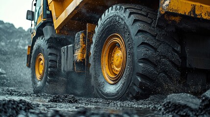 Closeup of a Mud-Covered Yellow Dump Truck Tire