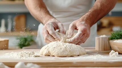 Fototapeta premium Close-up of dough being kneaded on a floured surface, hands pressing firmly as the dough stretches and folds, Picture taken by Nikon Z7 35mm+ lens