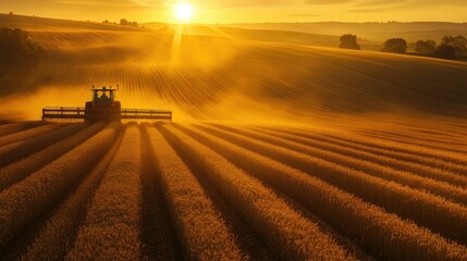 Fototapeta premium A tractor harvesting barley under a golden sunset, with long shadows cast over the fields.