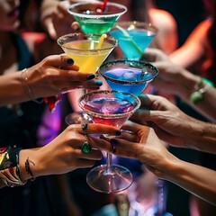 Color martini cocktails closeup, hands holding alcohol drinks, friendly corporate party, team celebrates