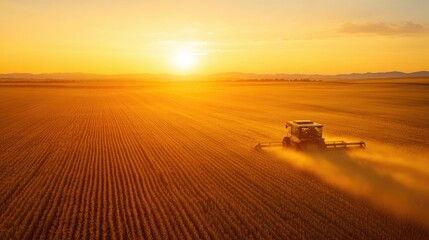 Fototapeta premium A tractor harvesting barley under a golden sunset, with long shadows cast over the fields.