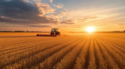 Fototapeta premium A tractor harvesting barley under a golden sunset, with long shadows cast over the fields.